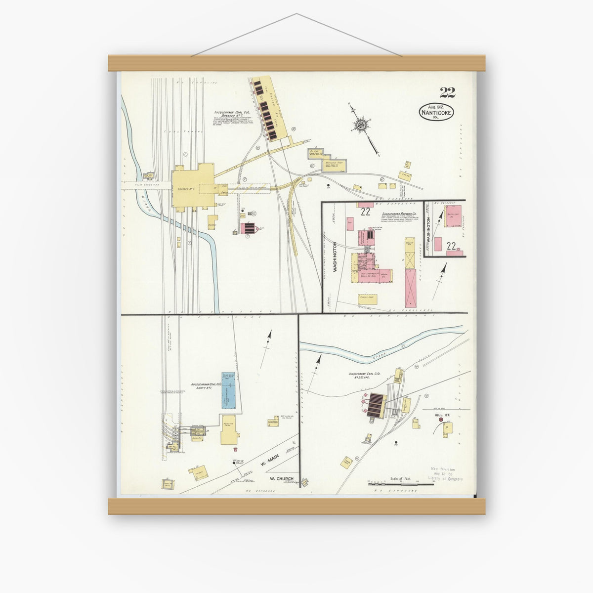 Old map wall art mockup — magnetic wood frame on white wall — Sanborn Fire Insurance Map from Nanticoke, Luzerne County, Pennsylvania (1912), Sheet #0022