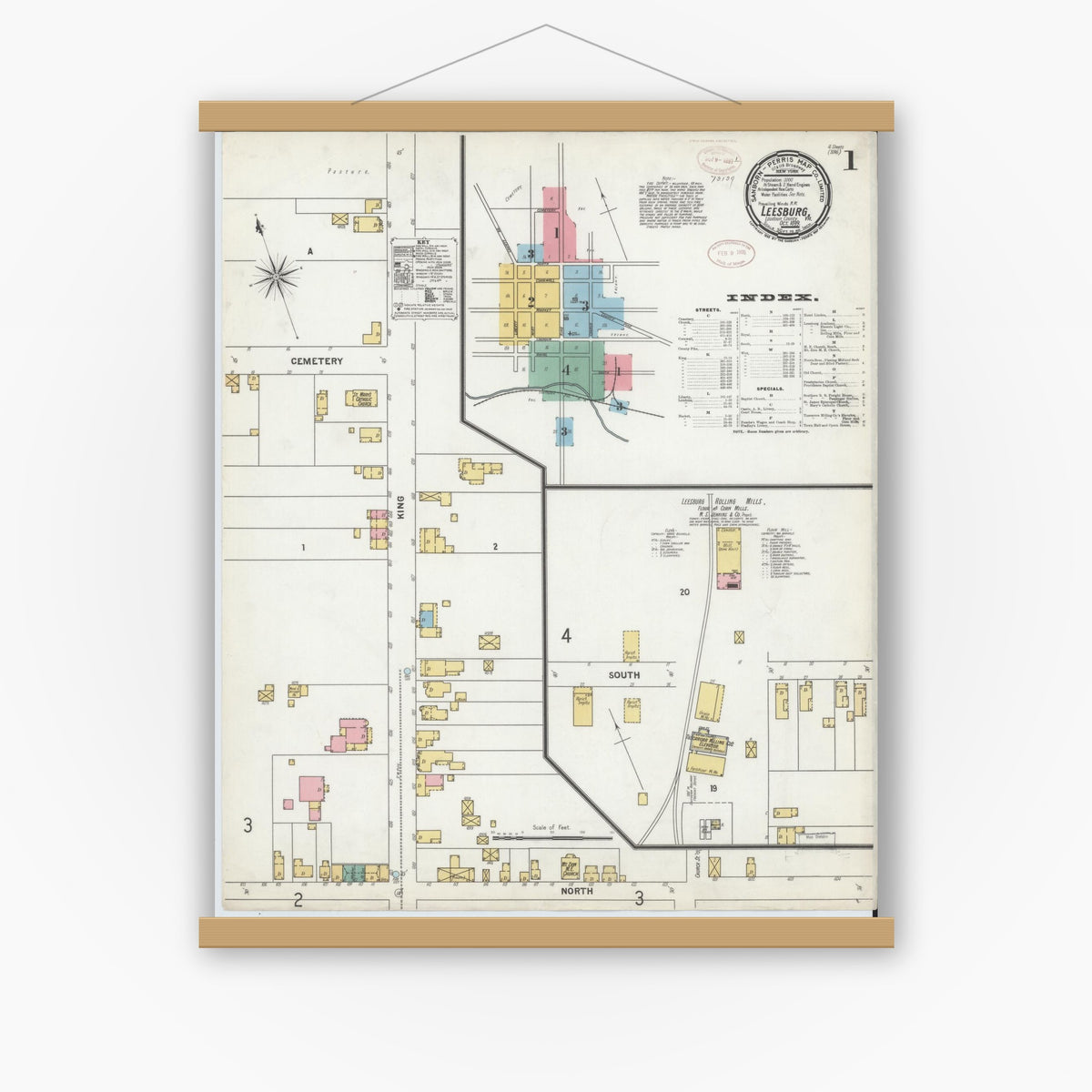 Old map wall art mockup — magnetic wood frame on white wall — Sanborn Fire Insurance Map from Leesburg, Loudoun County, Virginia (1899) - Complete Map Set