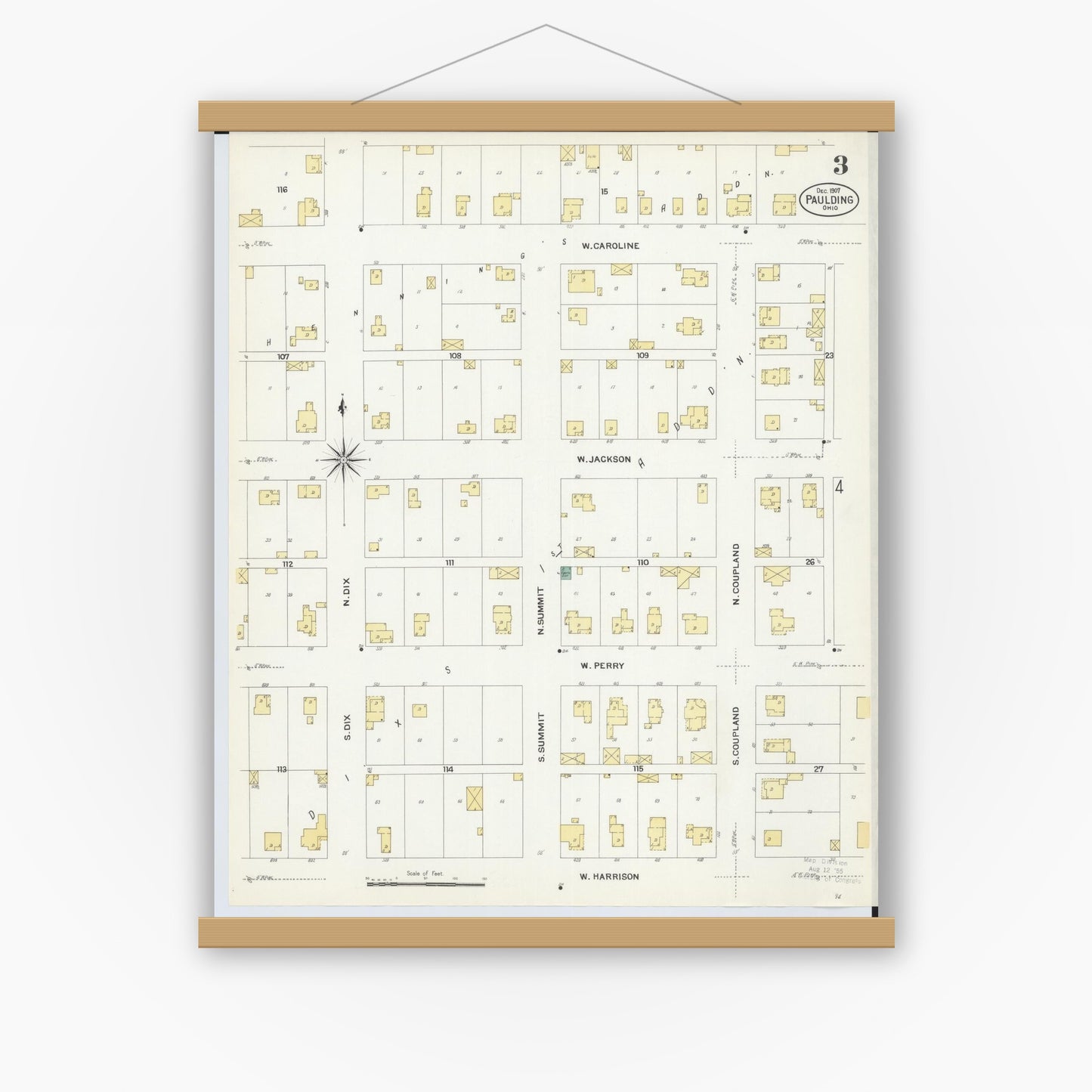 Old map wall art mockup — magnetic wood frame on white wall — Sanborn Fire Insurance Map from Paulding, Paulding County, Ohio (1907), Sheet #0003