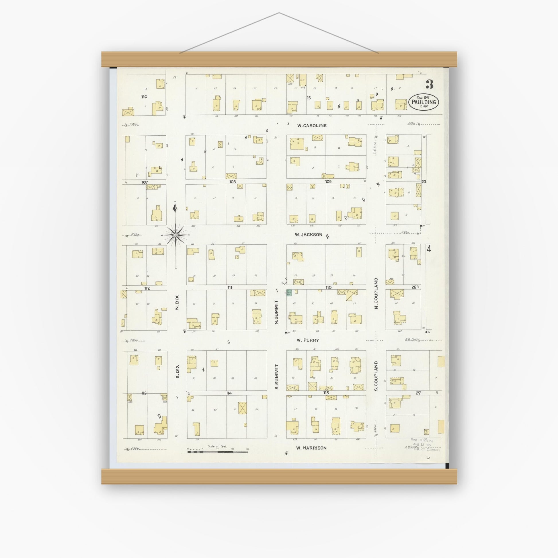 Old map wall art mockup — magnetic wood frame on white wall — Sanborn Fire Insurance Map from Paulding, Paulding County, Ohio (1907), Sheet #0003