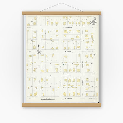 Old map wall art mockup — magnetic wood frame on white wall — Sanborn Fire Insurance Map from Paulding, Paulding County, Ohio (1907), Sheet #0003