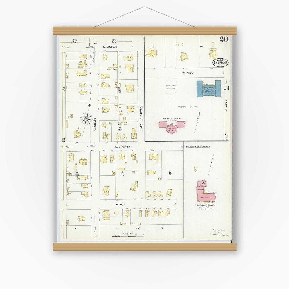 Old map wall art mockup — magnetic wood frame on white wall — Sanborn Fire Insurance Map from Sherman, Grayson County, Texas (1908), Sheet #0020