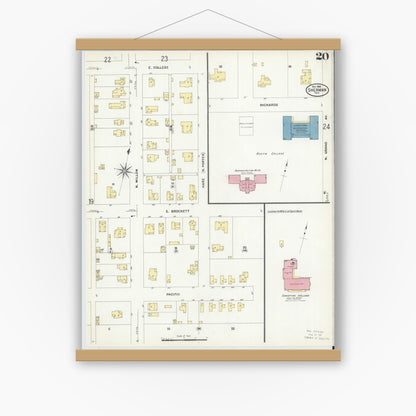 Old map wall art mockup — magnetic wood frame on white wall — Sanborn Fire Insurance Map from Sherman, Grayson County, Texas (1908), Sheet #0020