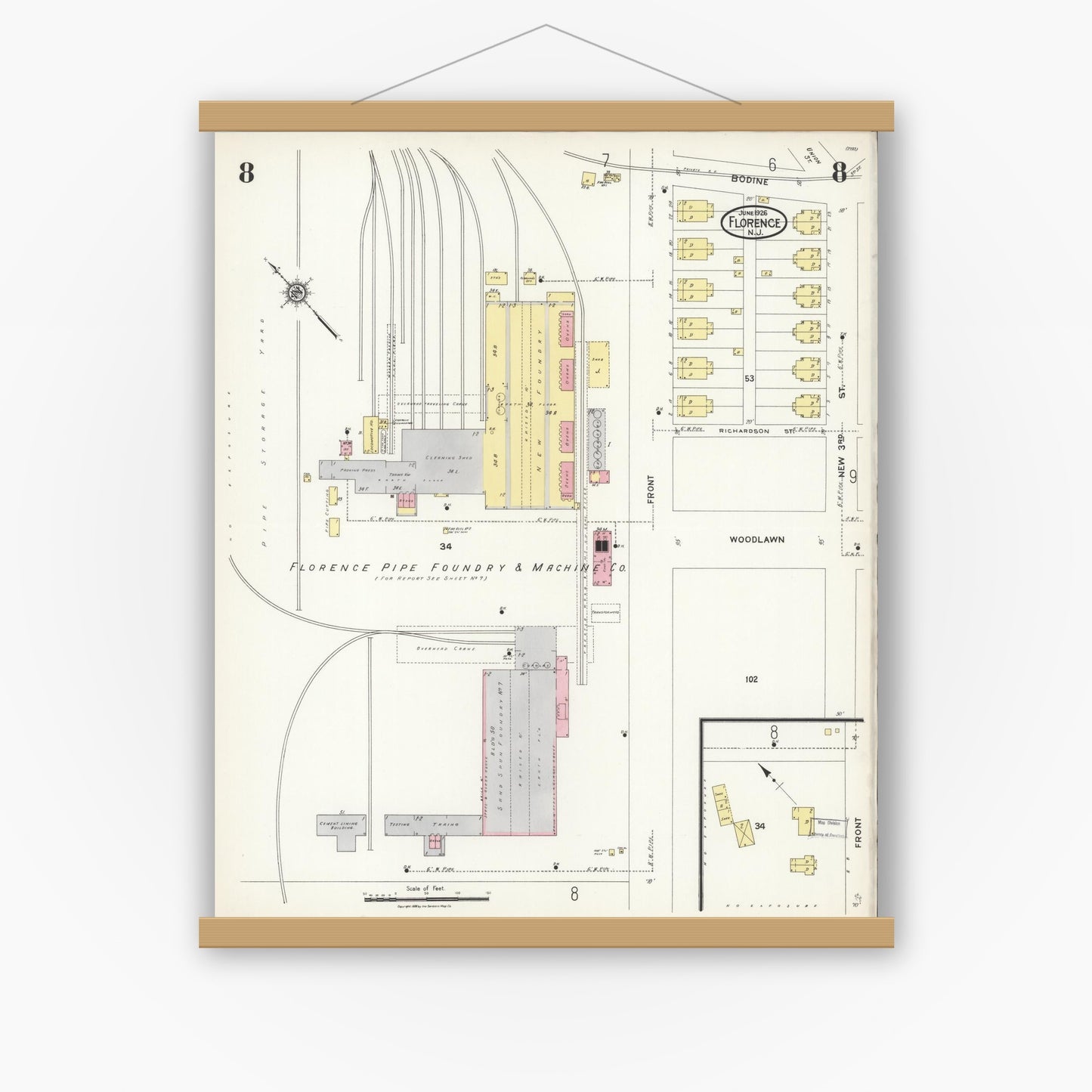 Old map wall art mockup — magnetic wood frame on white wall — Sanborn Fire Insurance Map from Florence, Burlington County, New Jersey (1926), Sheet #0008