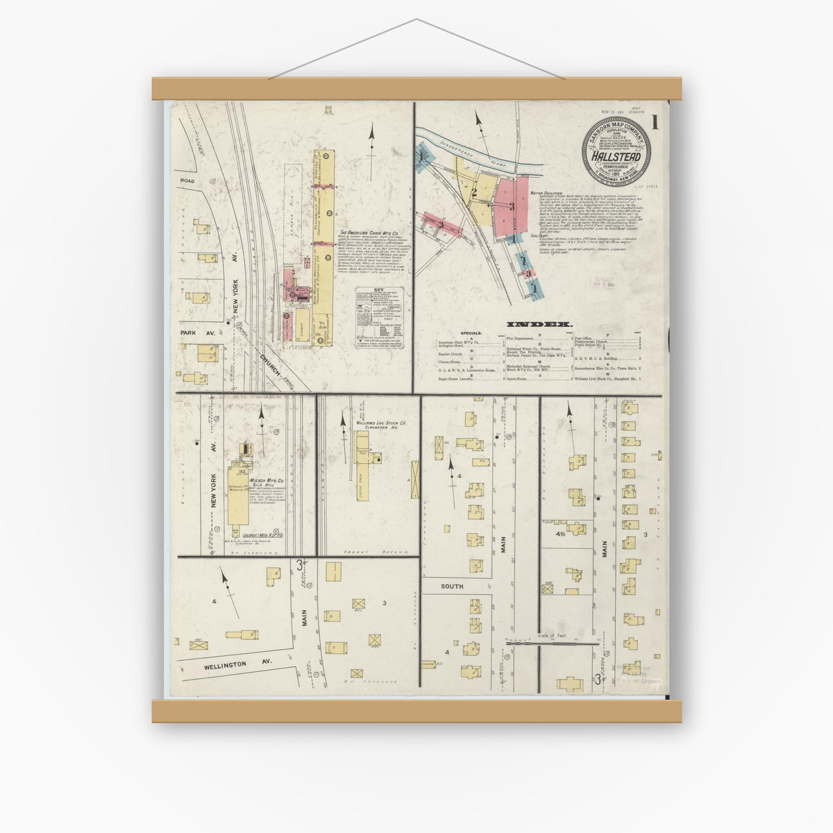 Old map wall art mockup — magnetic wood frame on white wall — Sanborn Fire Insurance Map from Hallstead, Susquehanna County, Pennsylvania (1911) - Complete Map Set
