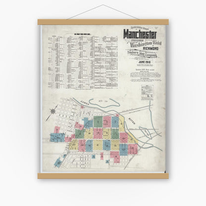 Old map wall art mockup — magnetic wood frame on white wall — Sanborn Fire Insurance Map from Manchester, Chesterfield County, Virginia (1910), Sheet #0001