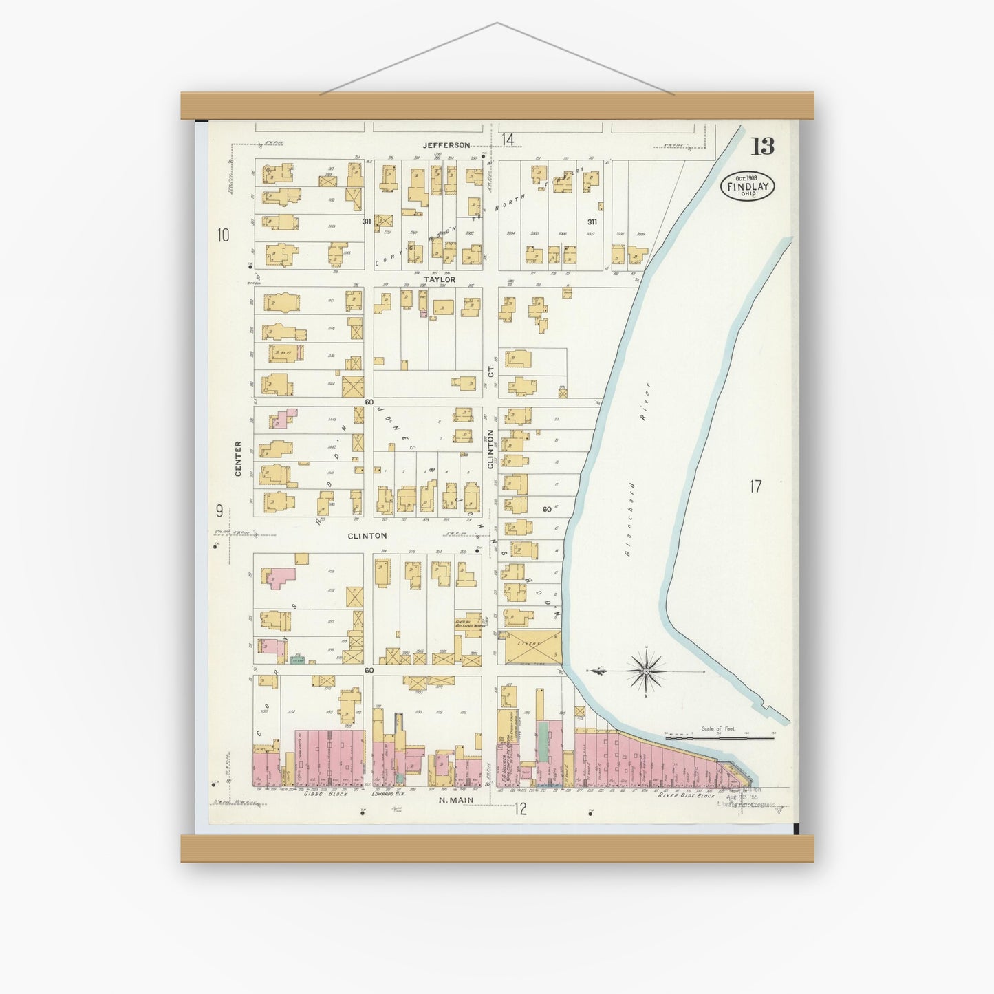 Old map wall art mockup — magnetic wood frame on white wall — Sanborn Fire Insurance Map from Findlay, Hancock County, Ohio (1908), Sheet #0013