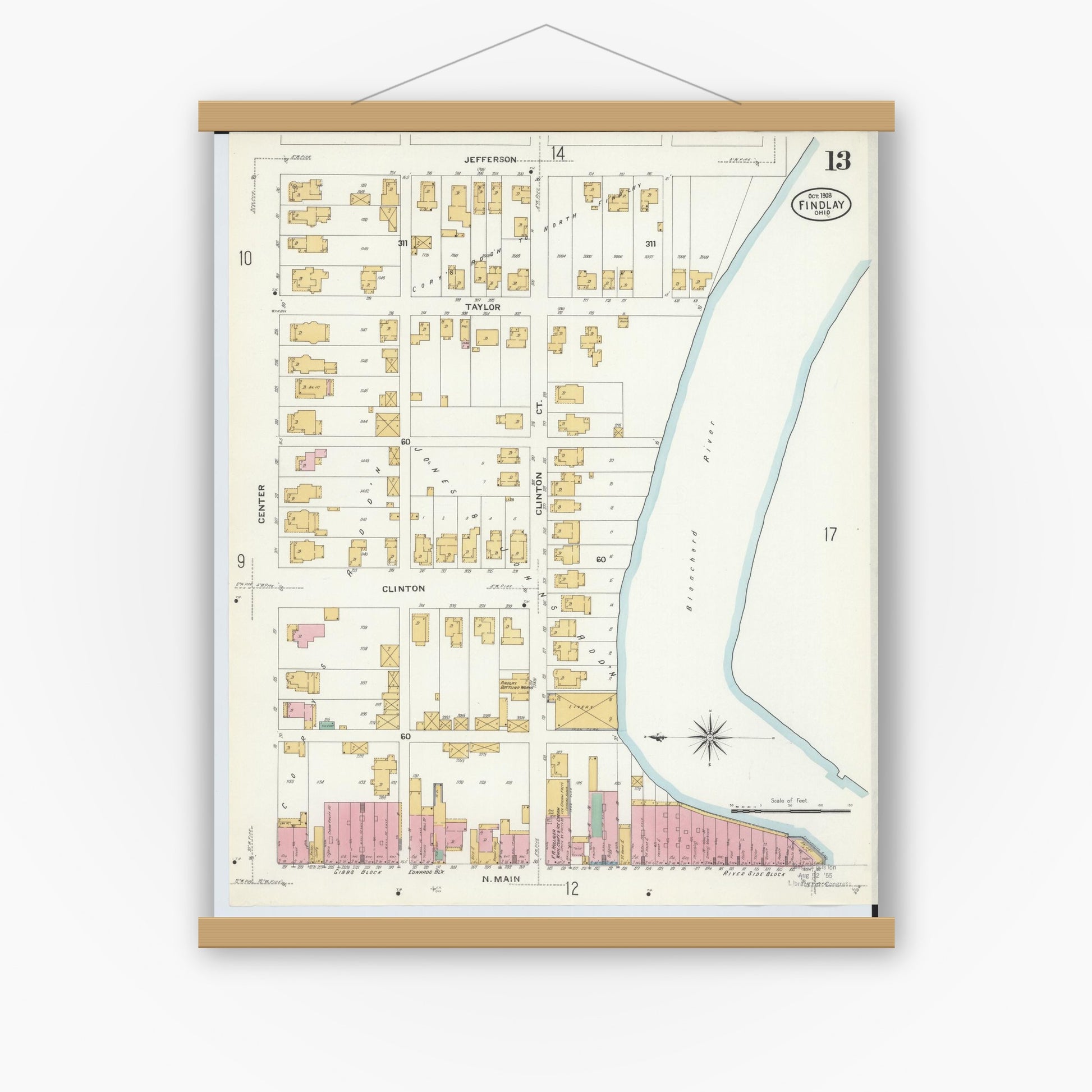 Old map wall art mockup — magnetic wood frame on white wall — Sanborn Fire Insurance Map from Findlay, Hancock County, Ohio (1908), Sheet #0013