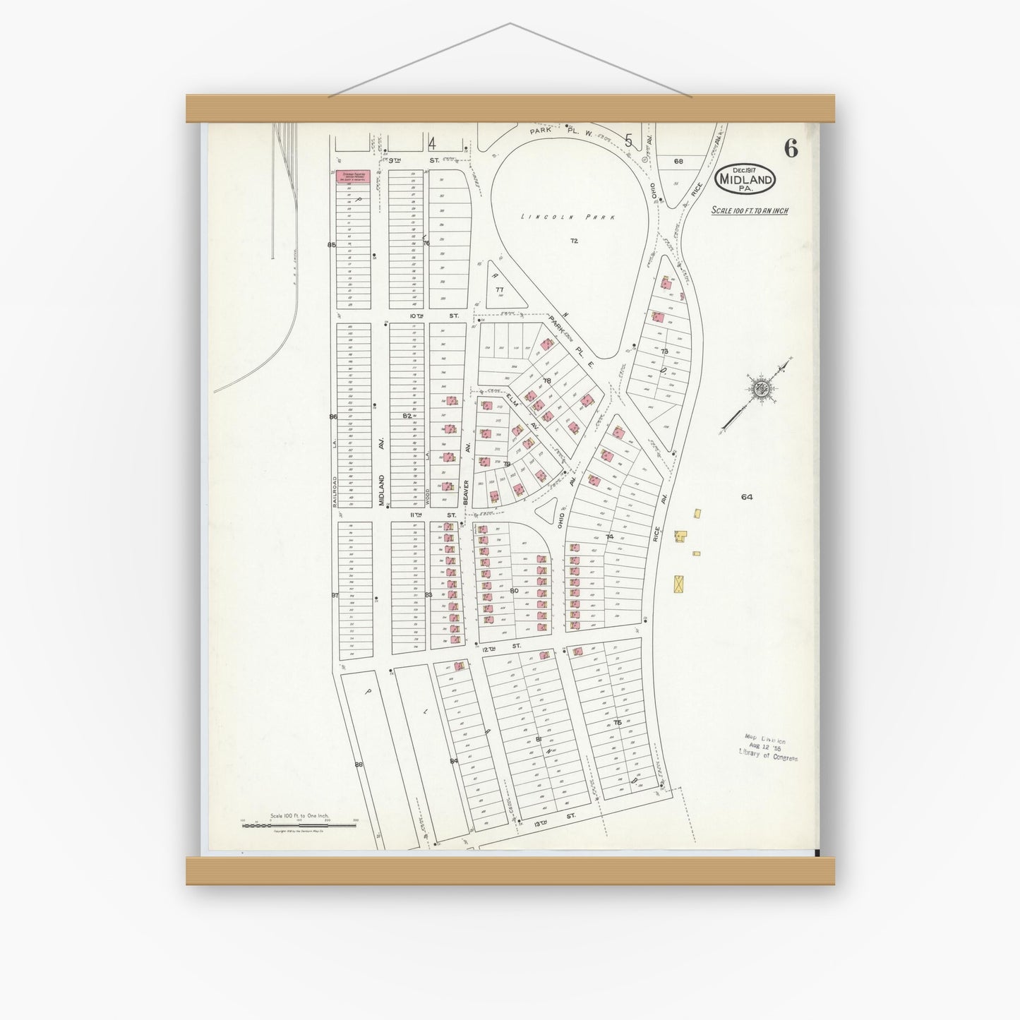 Old map wall art mockup — magnetic wood frame on white wall — Sanborn Fire Insurance Map from Midland, Beaver County, Pennsylvania (1917), Sheet #0006
