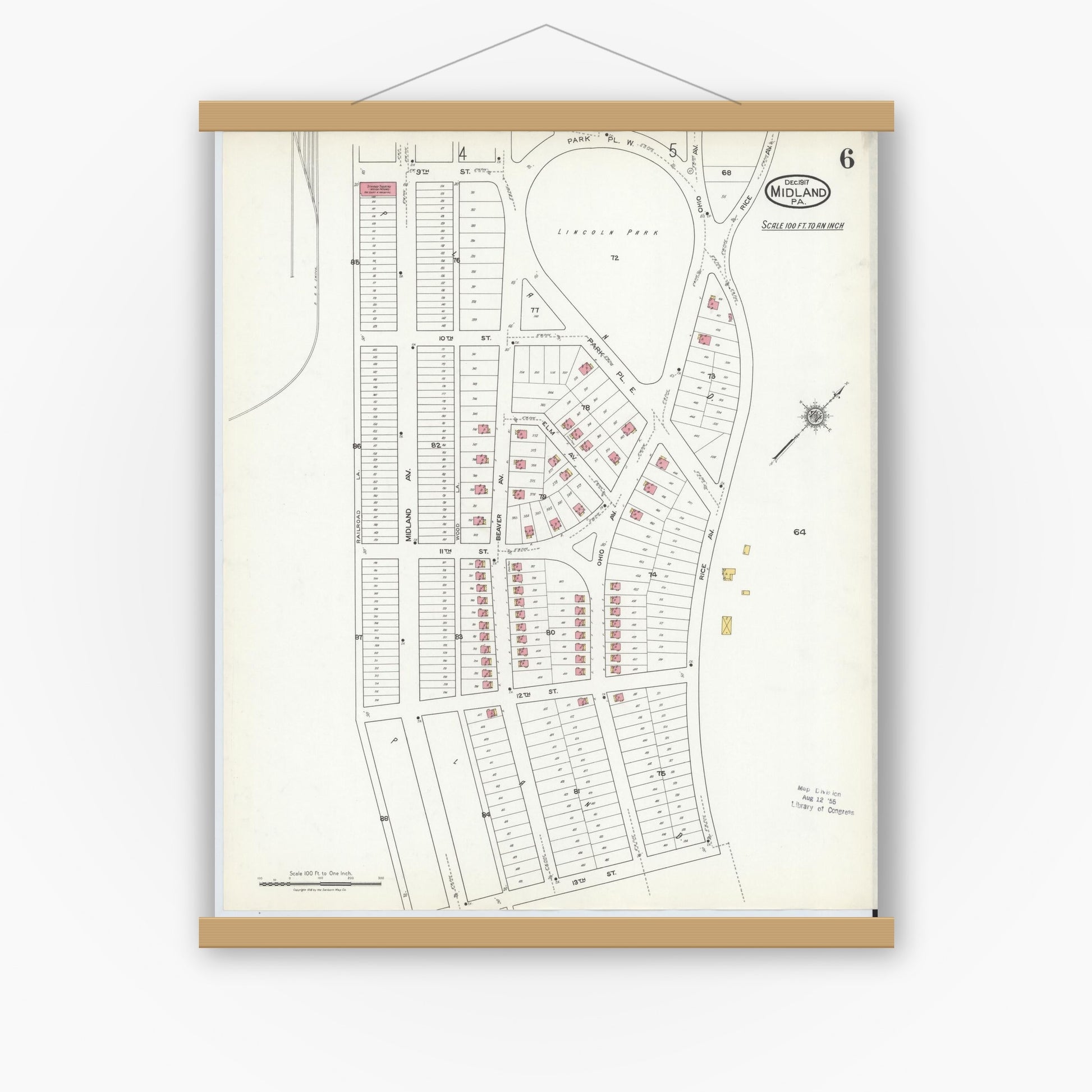 Old map wall art mockup — magnetic wood frame on white wall — Sanborn Fire Insurance Map from Midland, Beaver County, Pennsylvania (1917), Sheet #0006