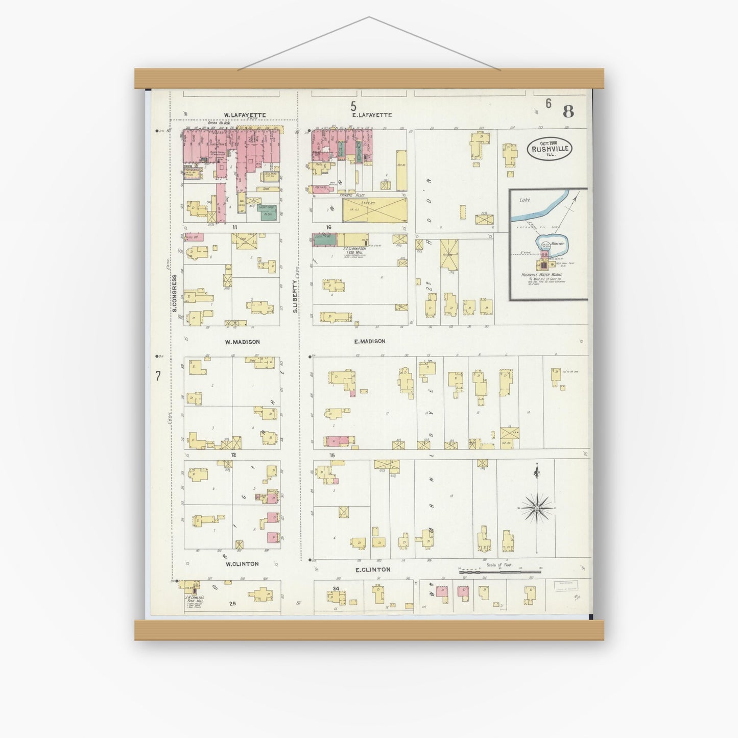 Old map wall art mockup — magnetic wood frame on white wall — Sanborn Fire Insurance Map from Rushville, Schuyler County, Illinois (1906), Sheet #0008