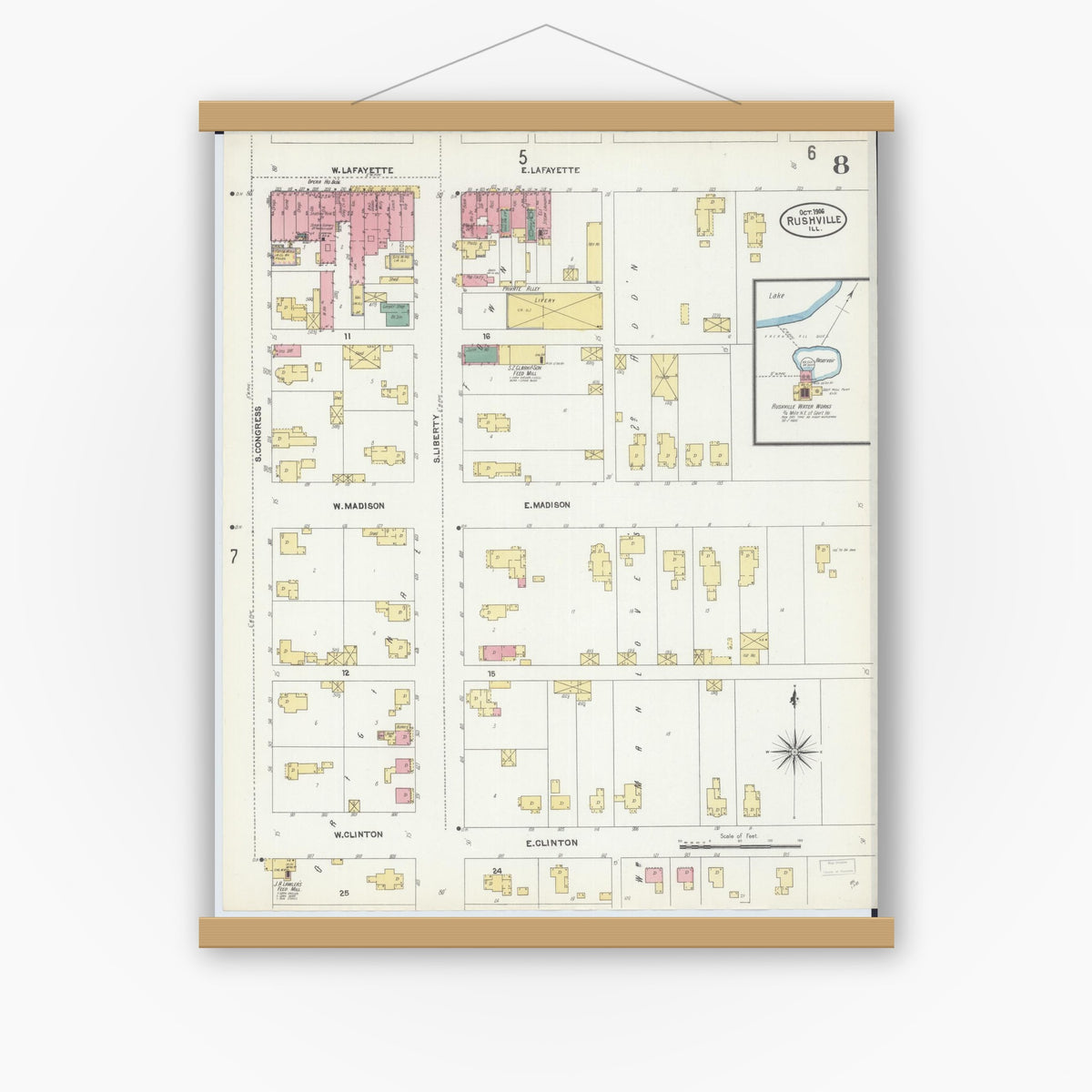 Old map wall art mockup — magnetic wood frame on white wall — Sanborn Fire Insurance Map from Rushville, Schuyler County, Illinois (1906), Sheet #0008