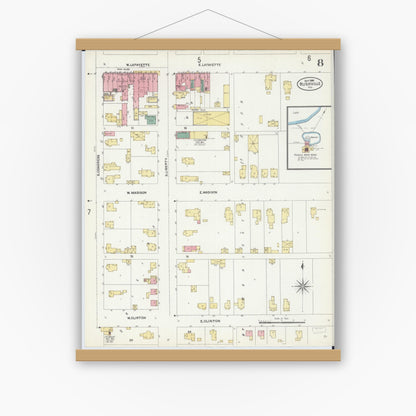 Old map wall art mockup — magnetic wood frame on white wall — Sanborn Fire Insurance Map from Rushville, Schuyler County, Illinois (1906), Sheet #0008