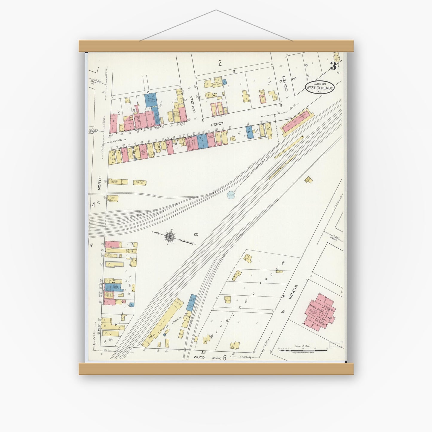 Old map wall art mockup — magnetic wood frame on white wall — Sanborn Fire Insurance Map from West Chicago, Du Page County, Illinois (1923), Sheet #0003