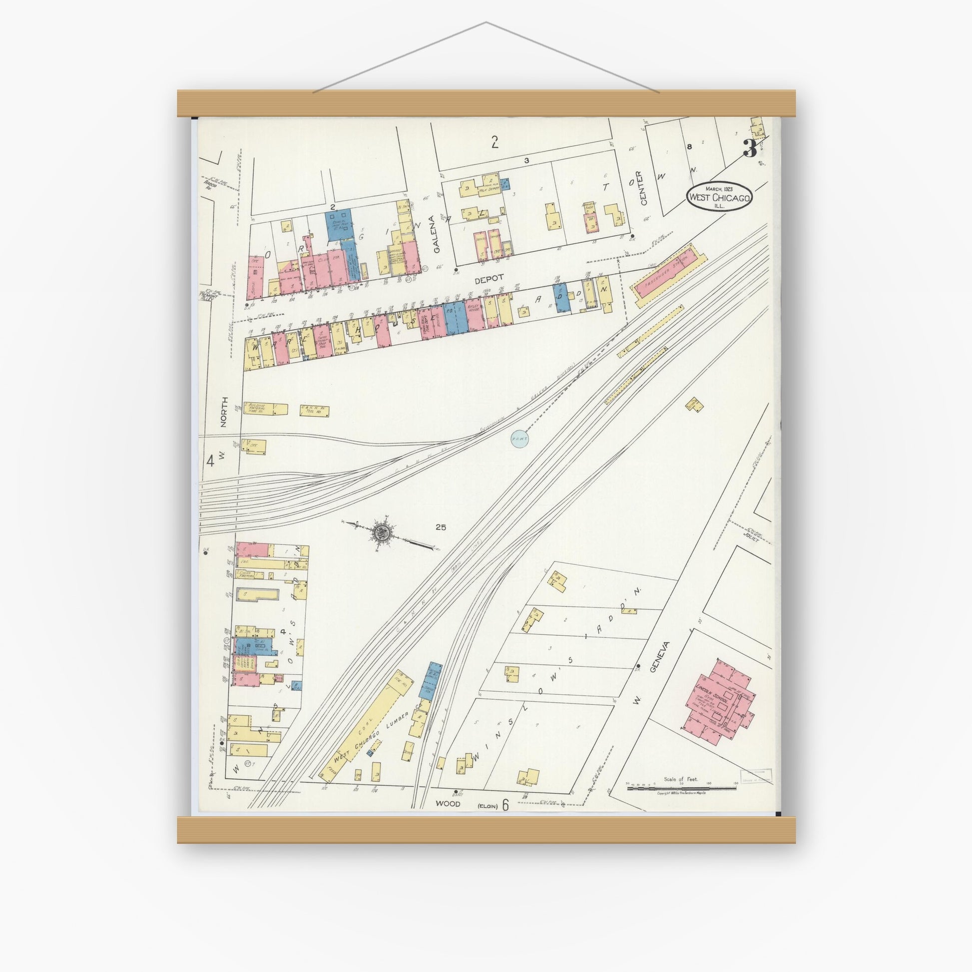 Old map wall art mockup — magnetic wood frame on white wall — Sanborn Fire Insurance Map from West Chicago, Du Page County, Illinois (1923), Sheet #0003