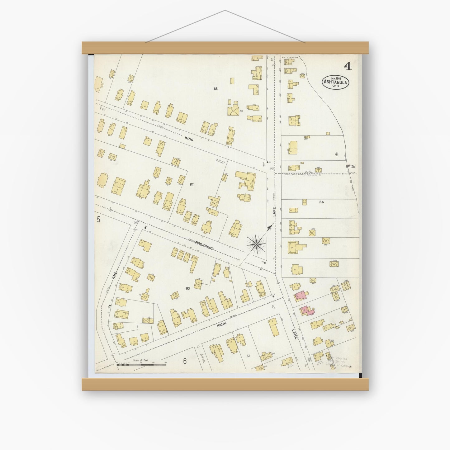Old map wall art mockup — magnetic wood frame on white wall — Sanborn Fire Insurance Map from Ashtabula, Ashtabula County, Ohio (1903), Sheet #0004