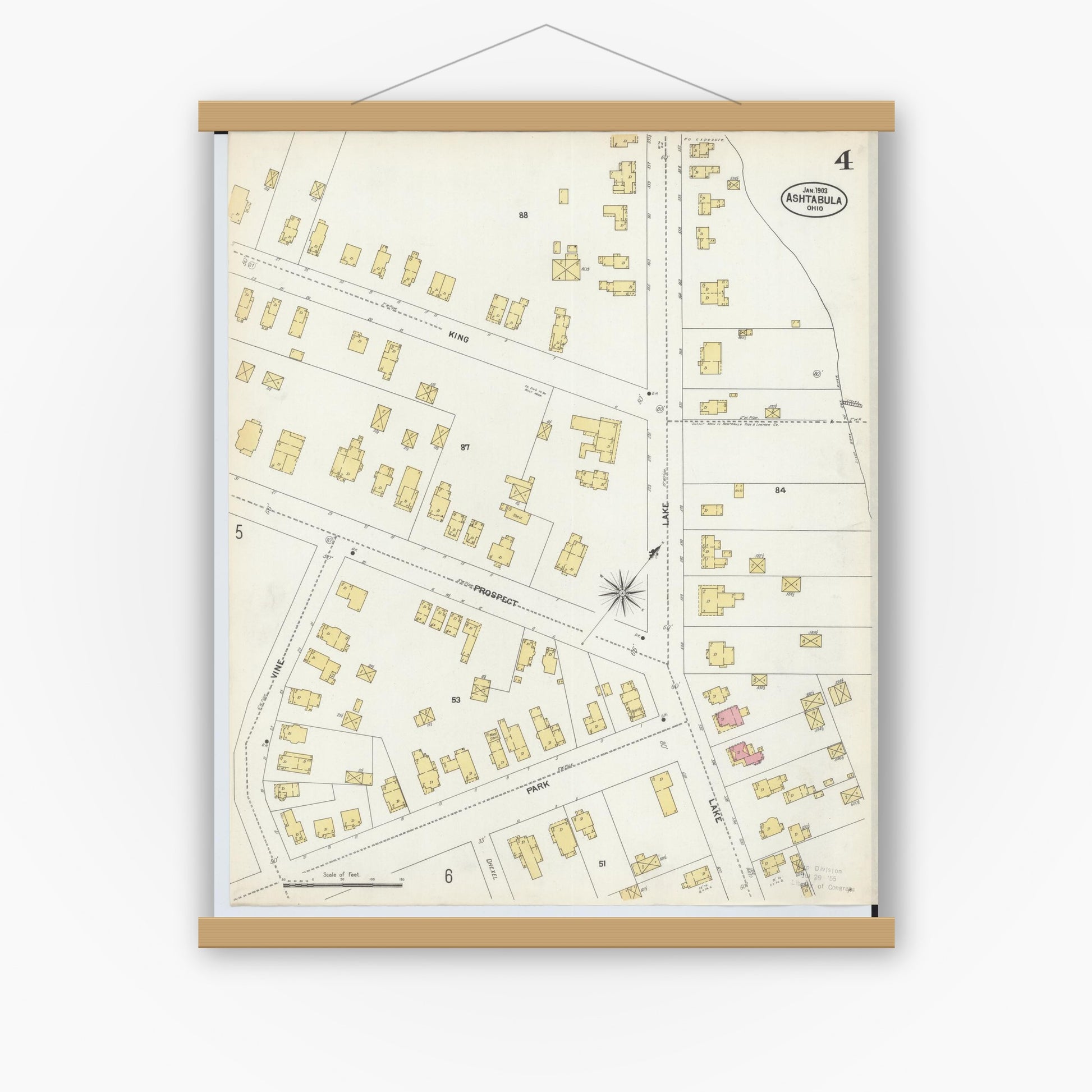 Old map wall art mockup — magnetic wood frame on white wall — Sanborn Fire Insurance Map from Ashtabula, Ashtabula County, Ohio (1903), Sheet #0004