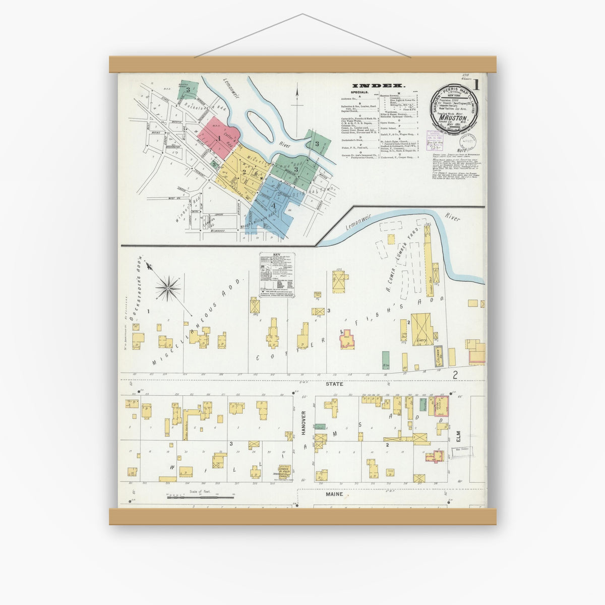 Old map wall art mockup — magnetic wood frame on white wall — Sanborn Fire Insurance Map from Mauston, Juneau County, Wisconsin (1901), Sheet #0001
