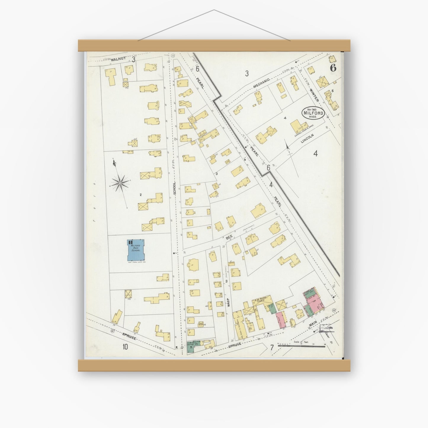 Old map wall art mockup — magnetic wood frame on white wall — Sanborn Fire Insurance Map from Milford, Worcester County, Massachusetts (1903), Sheet #0006