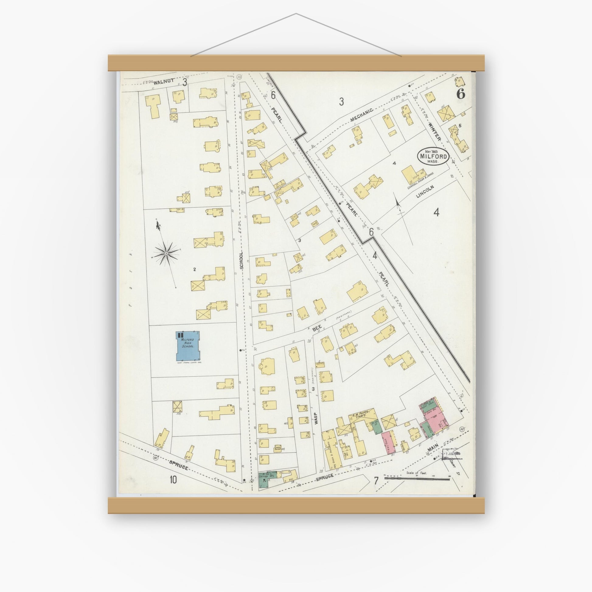 Old map wall art mockup — magnetic wood frame on white wall — Sanborn Fire Insurance Map from Milford, Worcester County, Massachusetts (1903), Sheet #0006