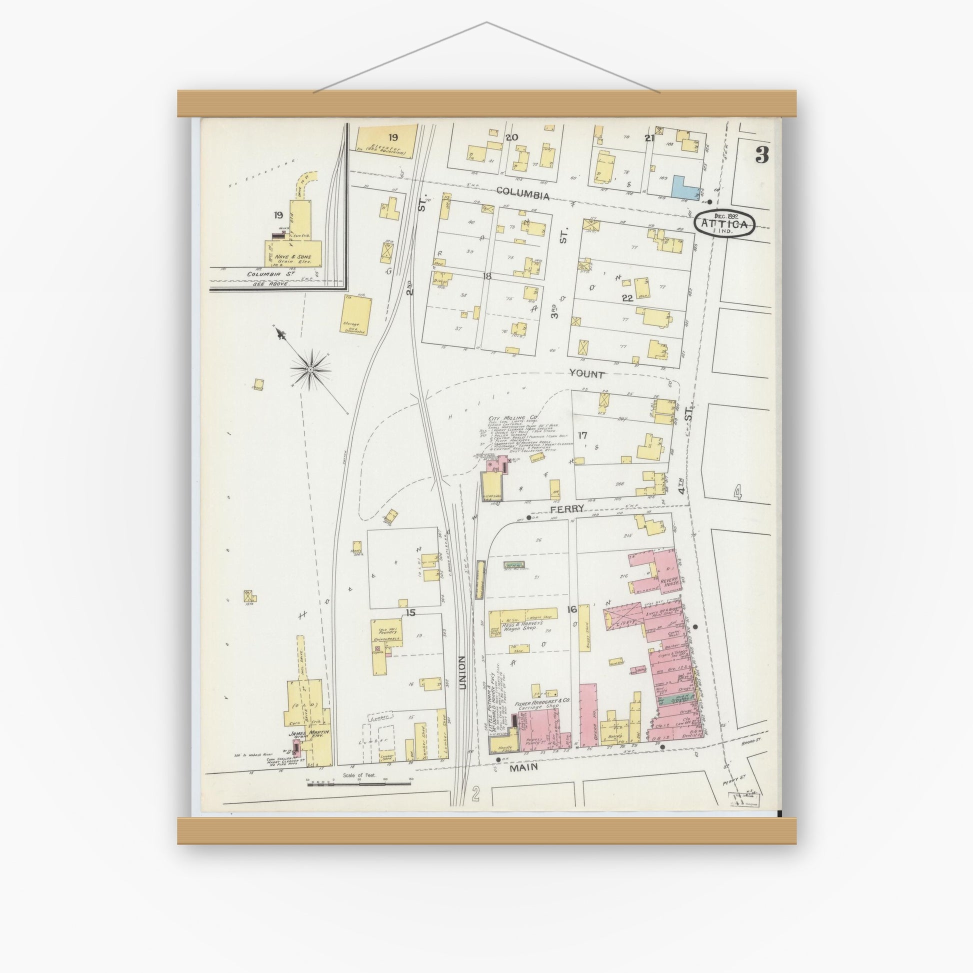Old map wall art mockup — magnetic wood frame on white wall — Sanborn Fire Insurance Map from Attica, Fountain County, Indiana (1892), Sheet #0003
