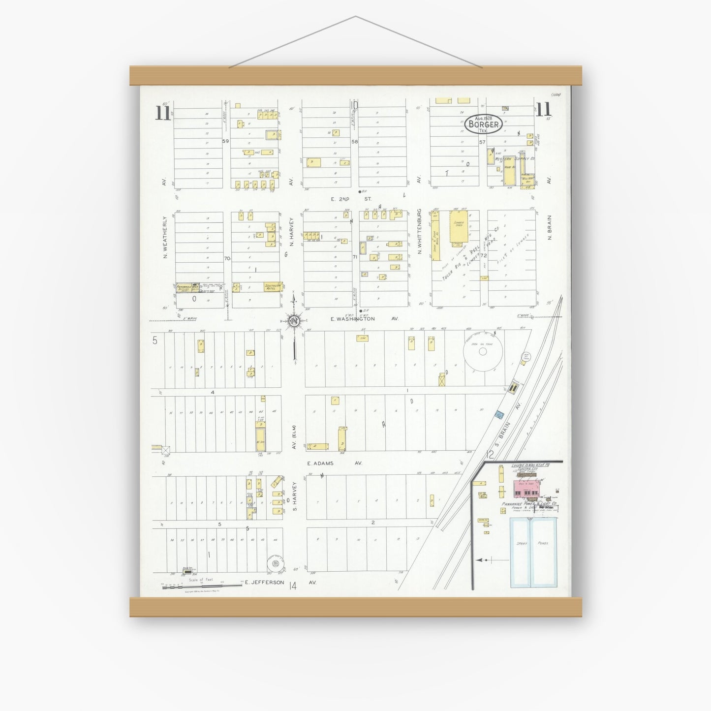 Old map wall art mockup — magnetic wood frame on white wall — Sanborn Fire Insurance Map from Borger, Hutchinson County, Texas (1928), Sheet #0011