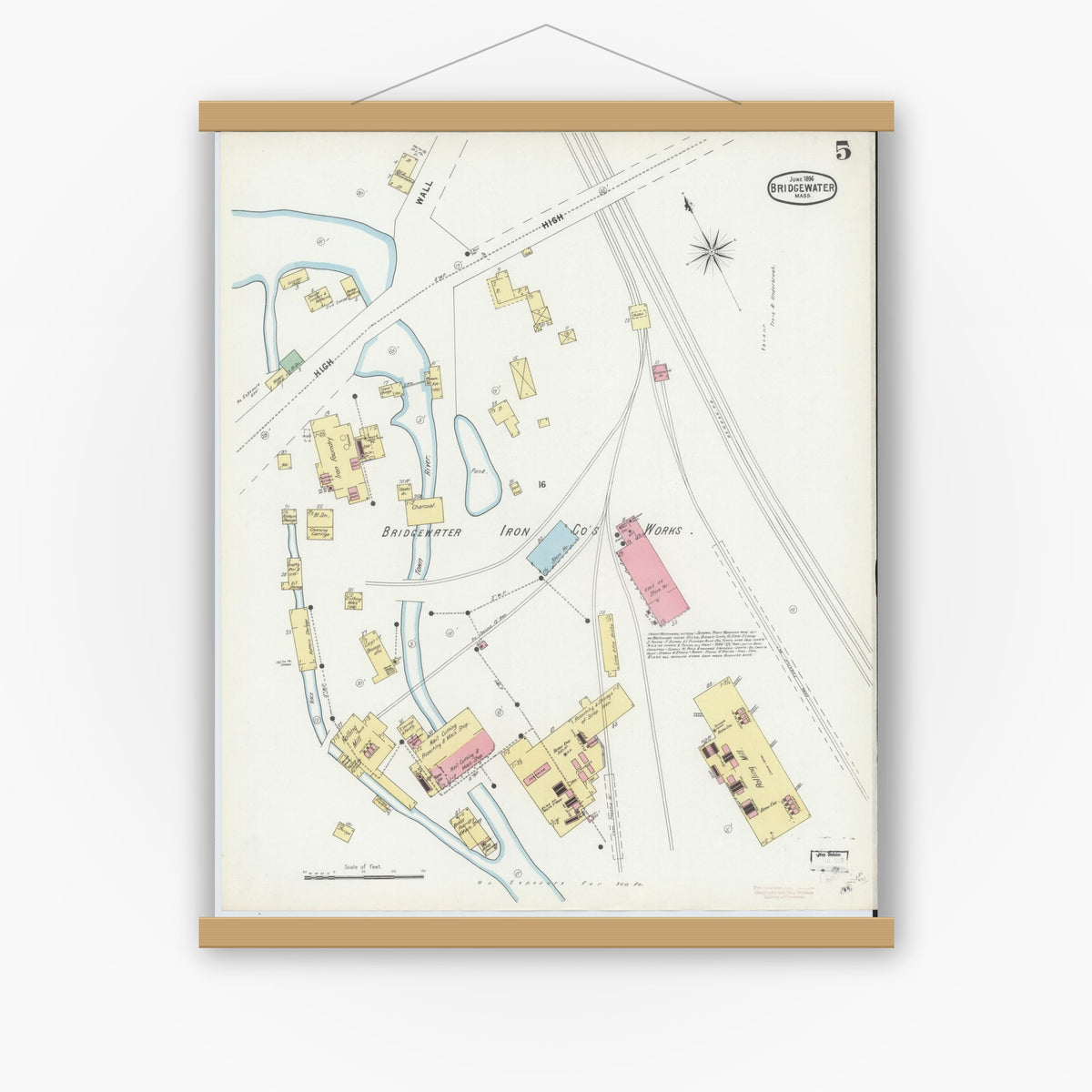 Old map wall art mockup — magnetic wood frame on white wall — Sanborn Fire Insurance Map from Bridgewater, Plymouth County, Massachusetts (1896), Sheet #0005
