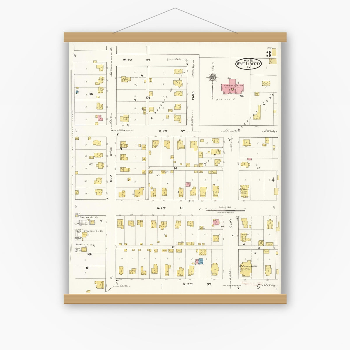 Old map wall art mockup — magnetic wood frame on white wall — Sanborn Fire Insurance Map from West Liberty, Muscatine County, Iowa (1922), Sheet #0003