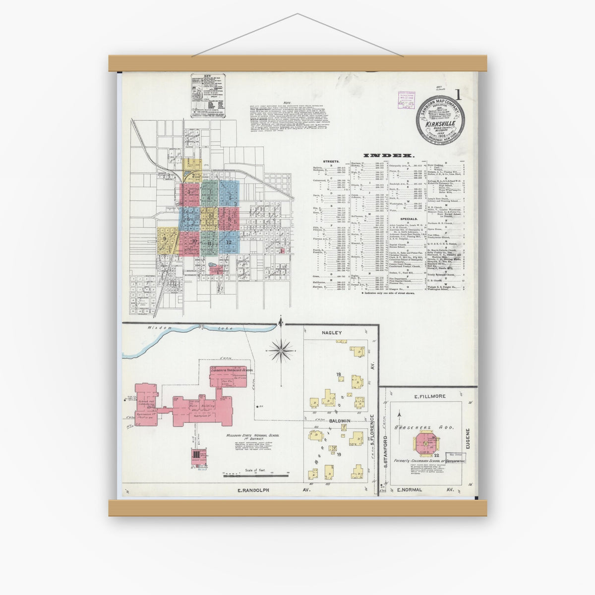Old map wall art mockup — magnetic wood frame on white wall — Sanborn Fire Insurance Map from Kirksville, Adair County, Missouri (1906), Sheet #0001