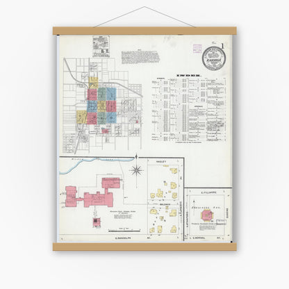 Old map wall art mockup — magnetic wood frame on white wall — Sanborn Fire Insurance Map from Kirksville, Adair County, Missouri (1906), Sheet #0001