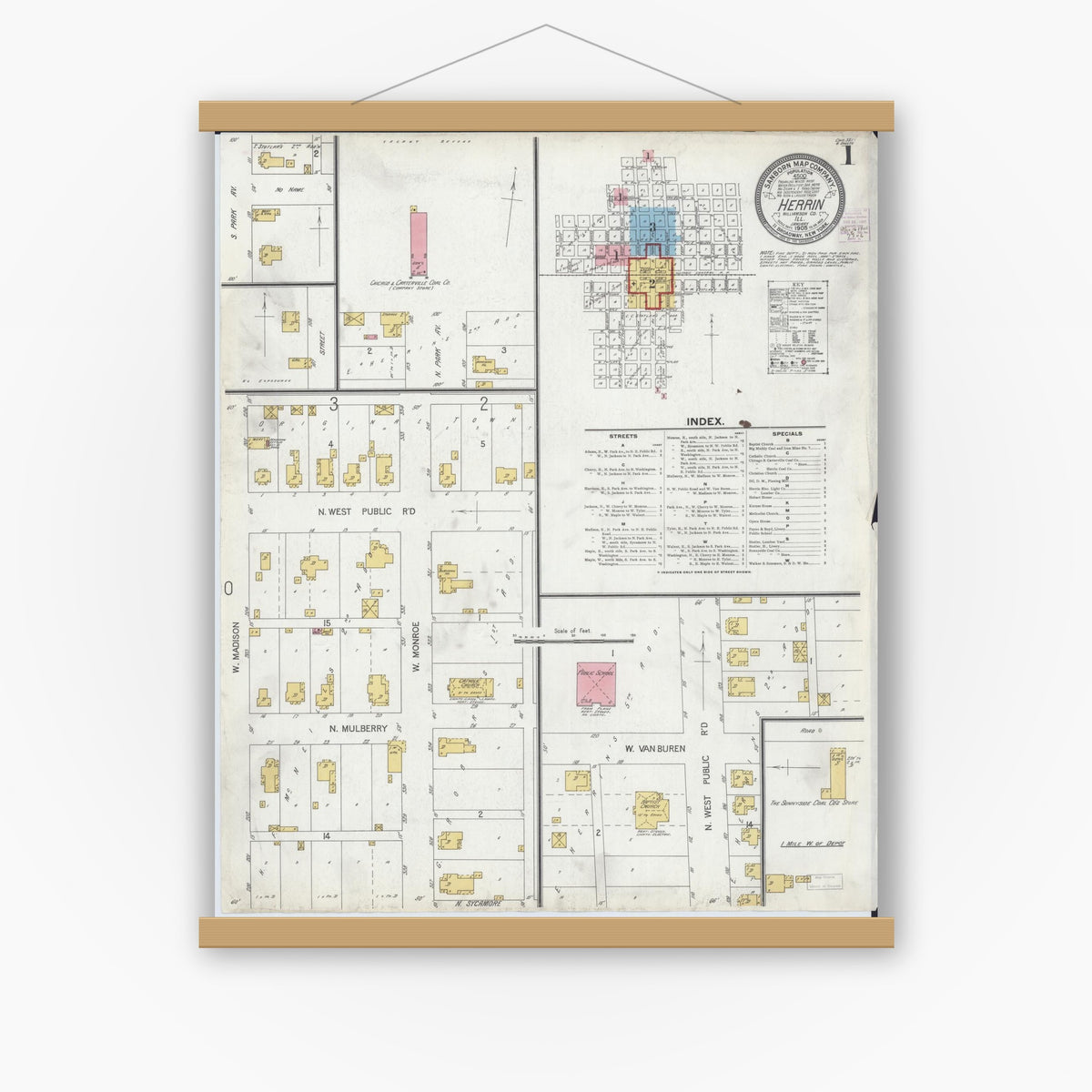 Old map wall art mockup — magnetic wood frame on white wall — Sanborn Fire Insurance Map from Herrin, Williamson County, Illinois (1905), Sheet #0001