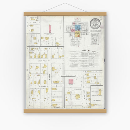 Old map wall art mockup — magnetic wood frame on white wall — Sanborn Fire Insurance Map from Herrin, Williamson County, Illinois (1905), Sheet #0001