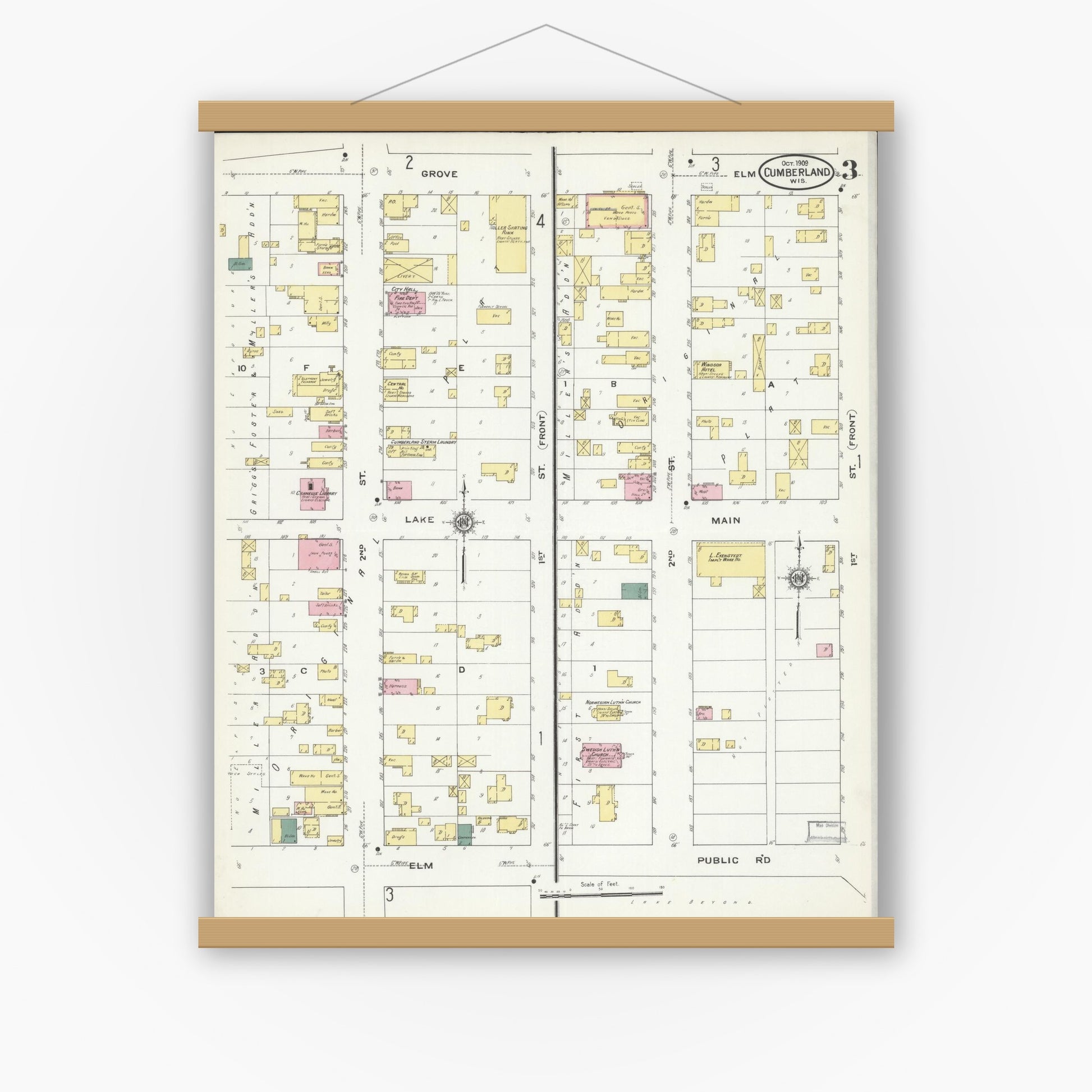 Old map wall art mockup — magnetic wood frame on white wall — Sanborn Fire Insurance Map from Cumberland, Barron County, Wisconsin (1909), Sheet #0003