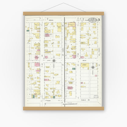 Old map wall art mockup — magnetic wood frame on white wall — Sanborn Fire Insurance Map from Cumberland, Barron County, Wisconsin (1909), Sheet #0003