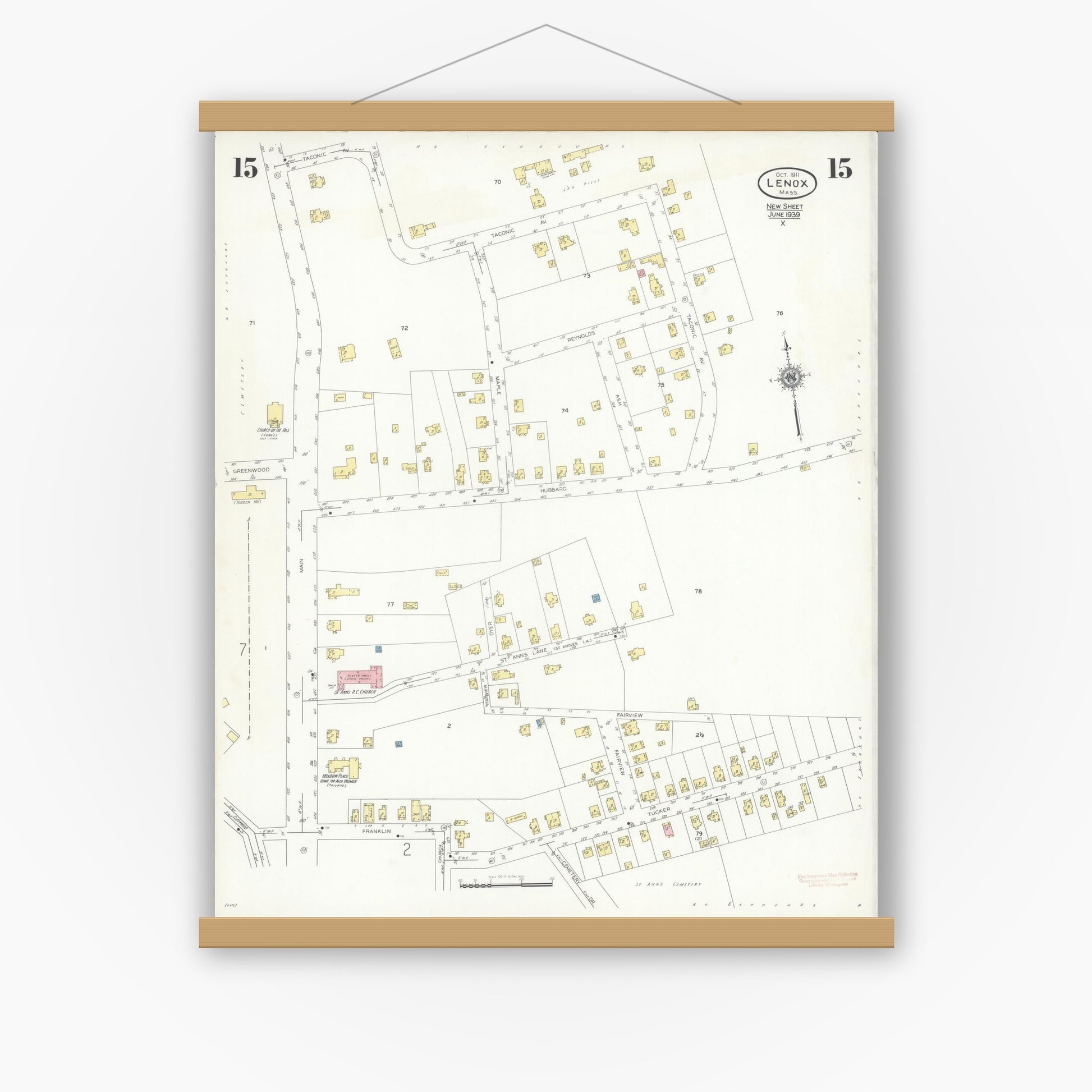 Old map wall art mockup — magnetic wood frame on white wall — Sanborn Fire Insurance Map from Lenox, Berkshire County, Massachusetts (1939), Sheet #0015