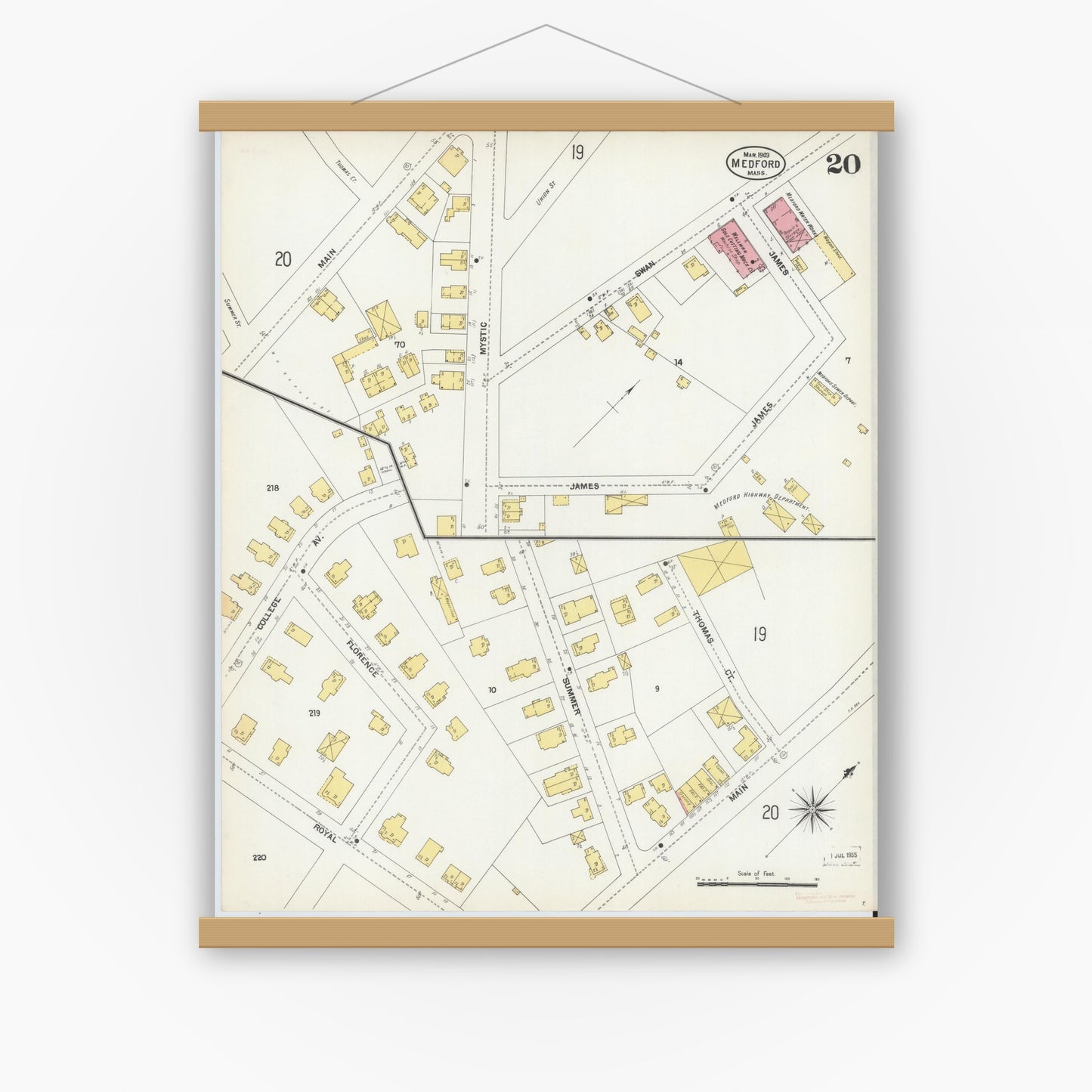 Old map wall art mockup — magnetic wood frame on white wall — Sanborn Fire Insurance Map from Medford, Middlesex County, Massachusetts (1903), Sheet #0020