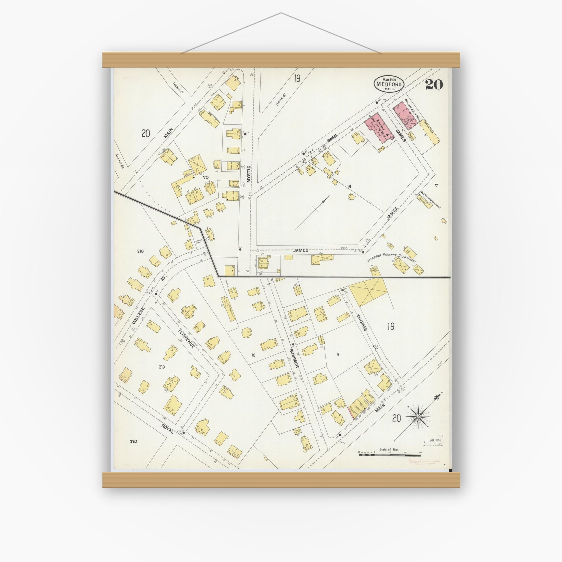 Old map wall art mockup — magnetic wood frame on white wall — Sanborn Fire Insurance Map from Medford, Middlesex County, Massachusetts (1903), Sheet #0020