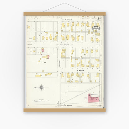 Old map wall art mockup — magnetic wood frame on white wall — Sanborn Fire Insurance Map from Bloomington, Monroe County, Indiana (1907), Sheet #0003