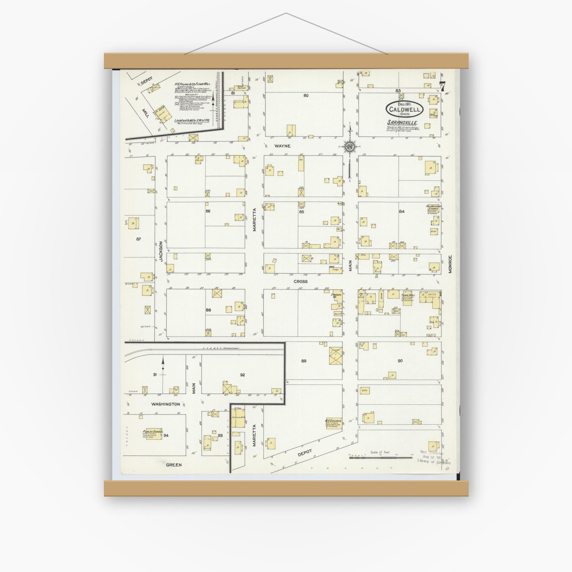 Old map wall art mockup — magnetic wood frame on white wall — Sanborn Fire Insurance Map from Caldwell, Noble County, Ohio (1911), Sheet #0007