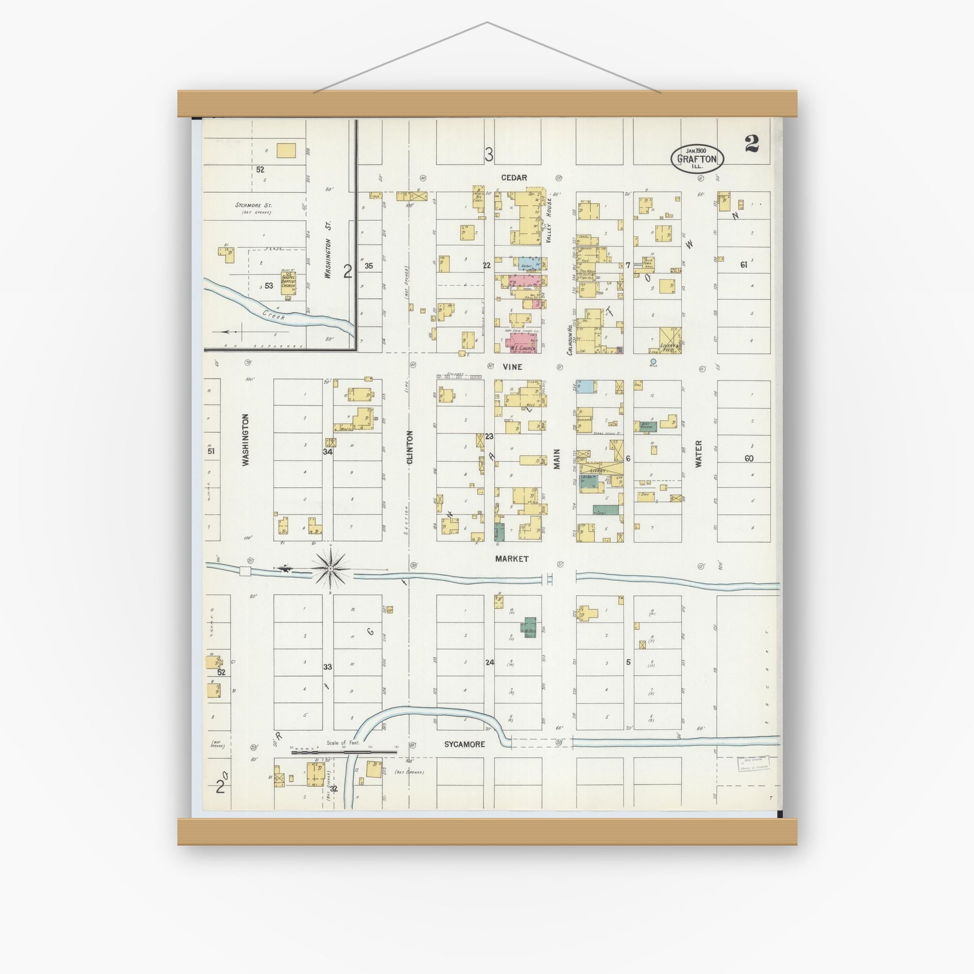 Old map wall art mockup — magnetic wood frame on white wall — Sanborn Fire Insurance Map from Grafton, Jersey County, Illinois (1900), Sheet #0002