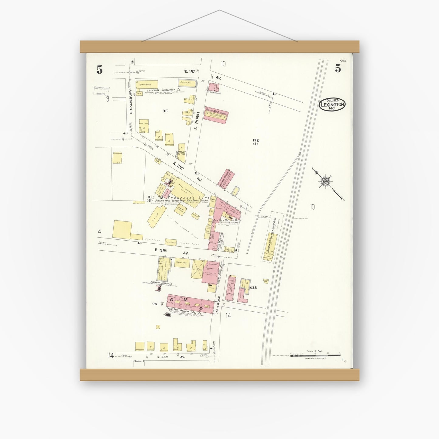 Old map wall art mockup — magnetic wood frame on white wall — Sanborn Fire Insurance Map from Lexington, Davidson County, North Carolina (1923), Sheet #0005