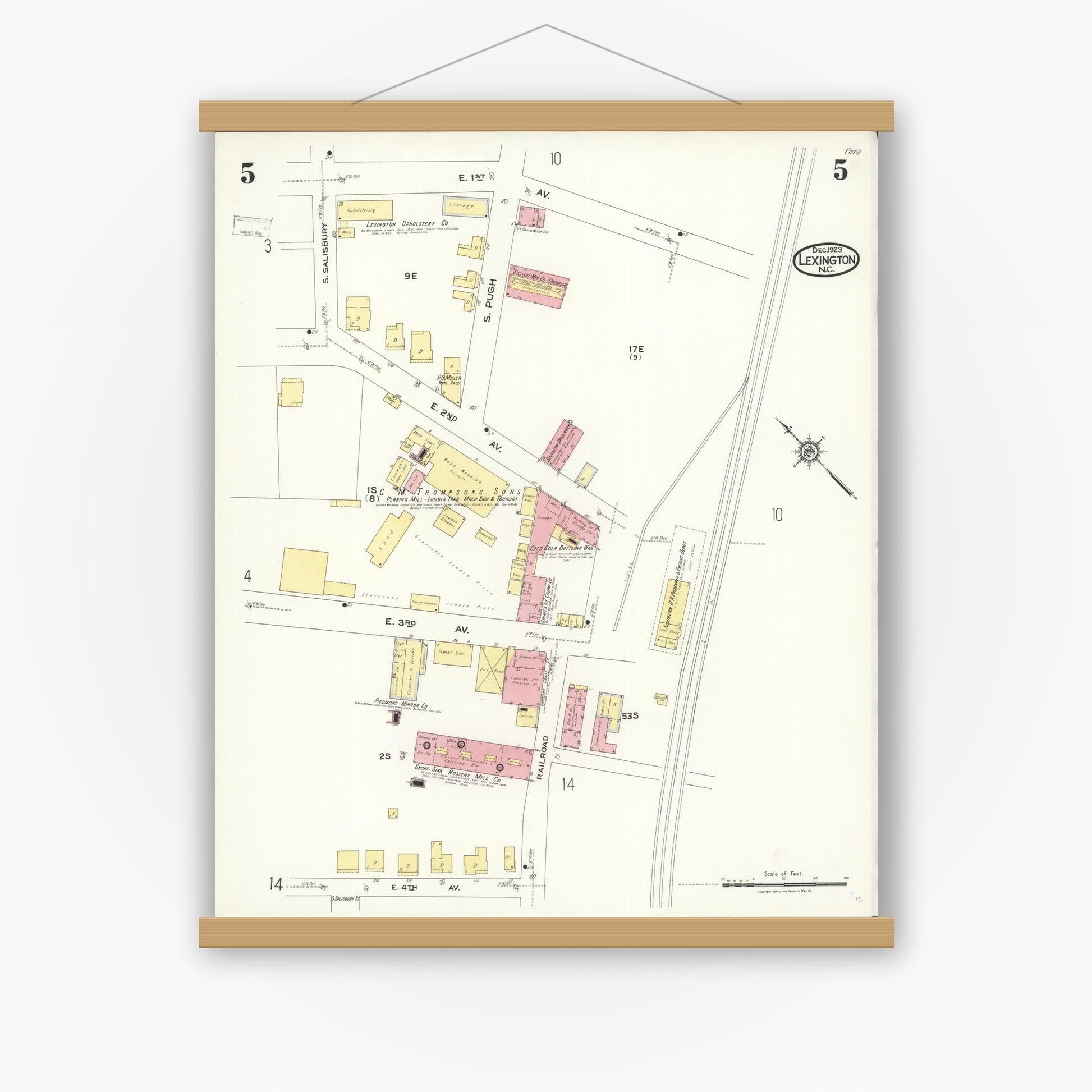 Old map wall art mockup — magnetic wood frame on white wall — Sanborn Fire Insurance Map from Lexington, Davidson County, North Carolina (1923), Sheet #0005