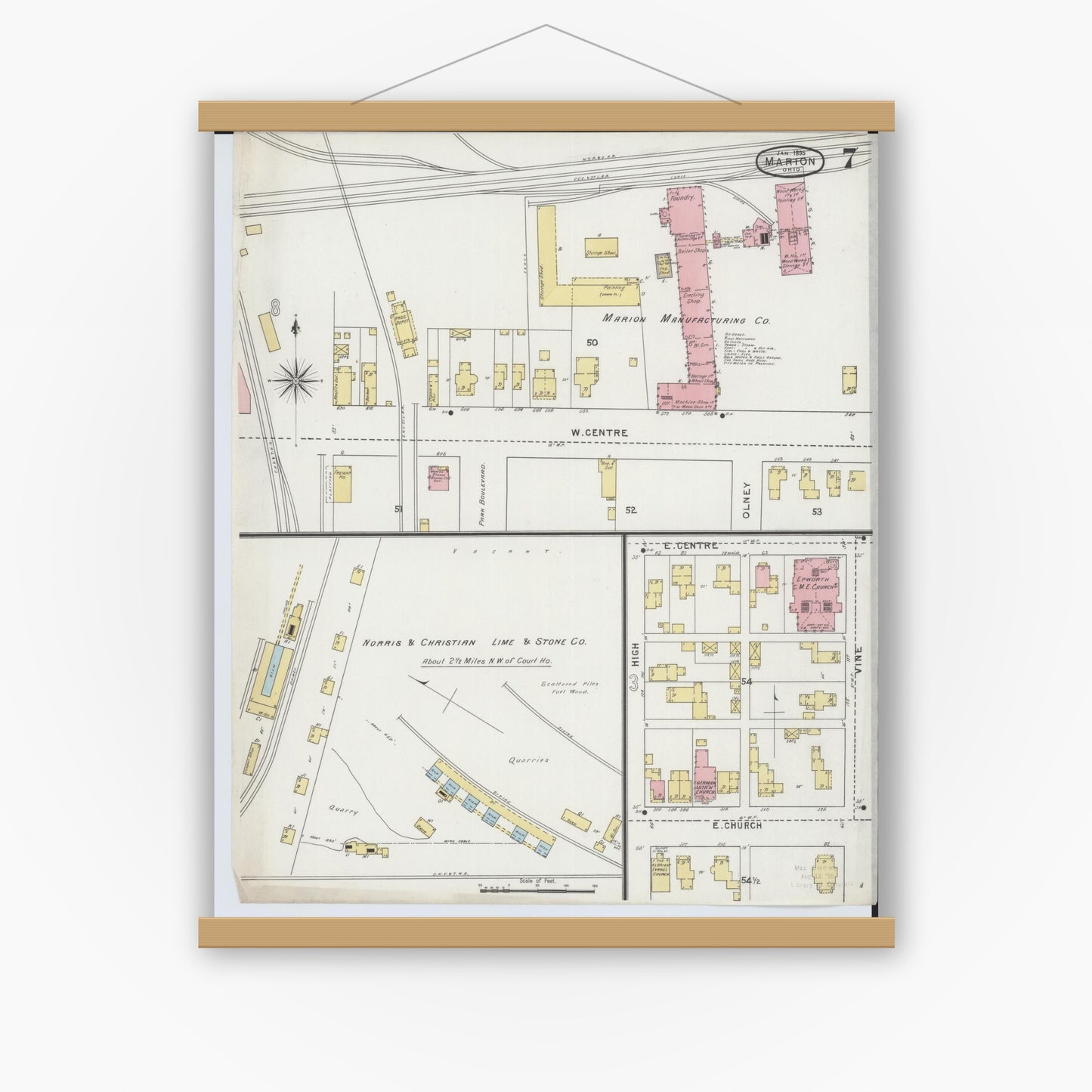 Old map wall art mockup — magnetic wood frame on white wall — Sanborn Fire Insurance Map from Marion, Marion County, Ohio (1895), Sheet #0007