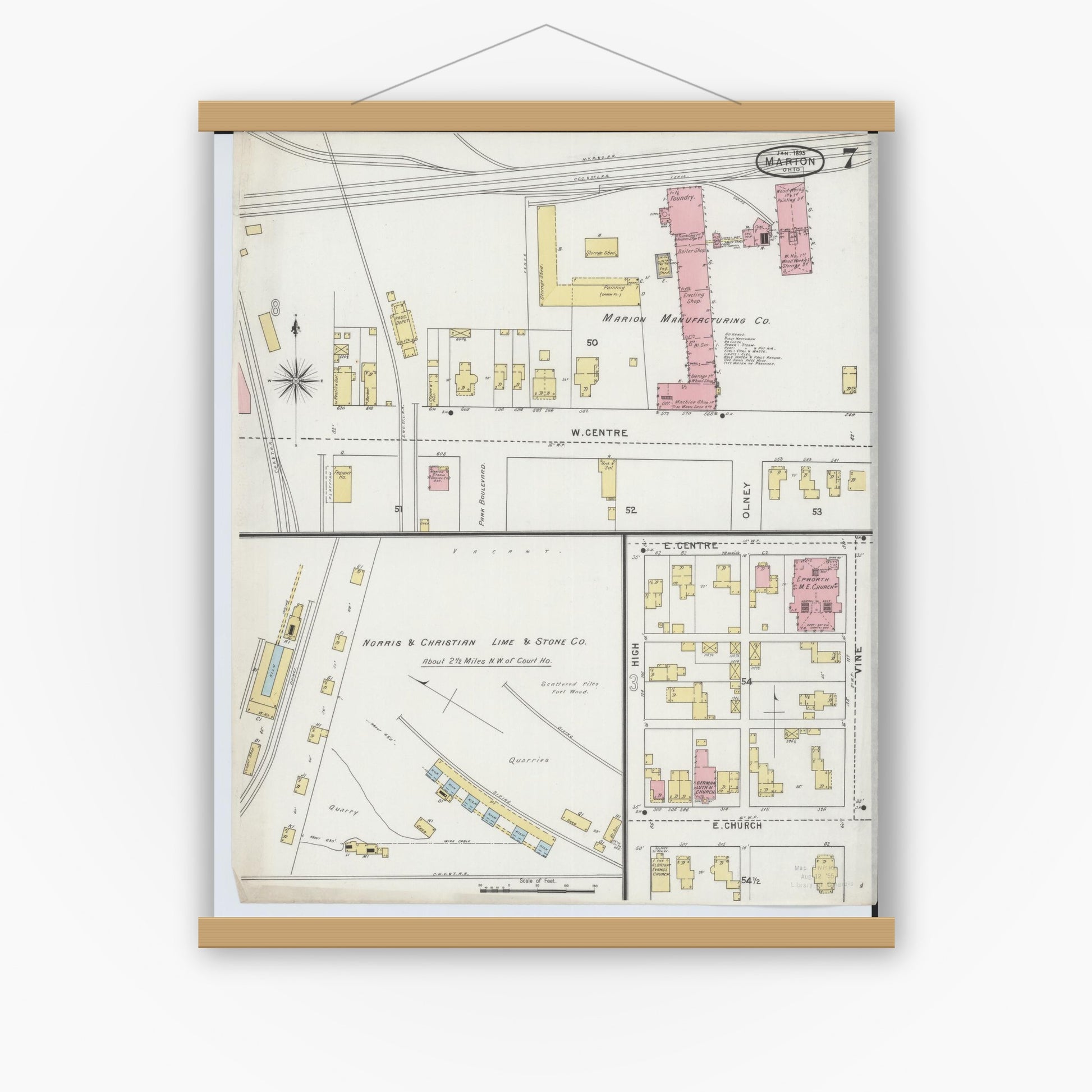 Old map wall art mockup — magnetic wood frame on white wall — Sanborn Fire Insurance Map from Marion, Marion County, Ohio (1895), Sheet #0007