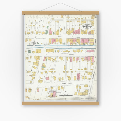 Old map wall art mockup — magnetic wood frame on white wall — Sanborn Fire Insurance Map from Newcomerstown, Tuscarawas County, Ohio (1901), Sheet #0002