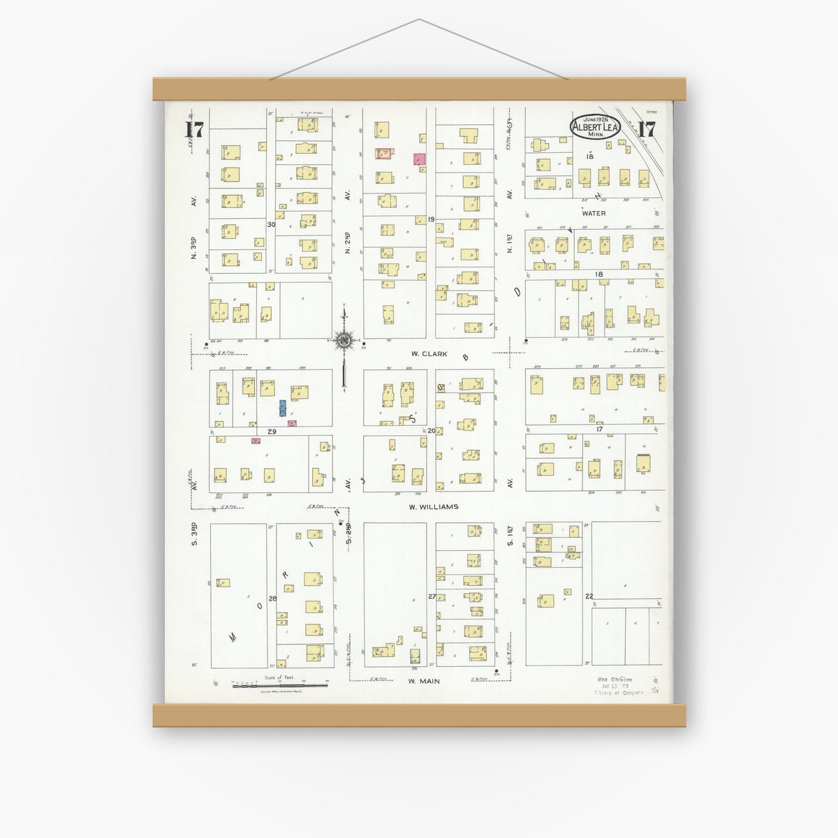 Old map wall art mockup — magnetic wood frame on white wall — Sanborn Fire Insurance Map from Albert Lea, Freeborn County, Minnesota (1926), Sheet #0017