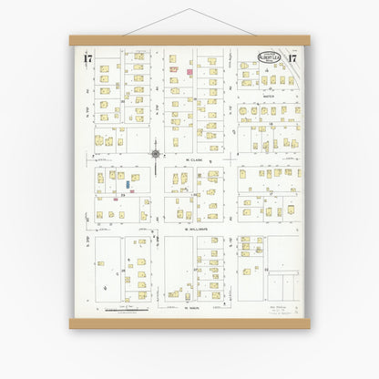 Old map wall art mockup — magnetic wood frame on white wall — Sanborn Fire Insurance Map from Albert Lea, Freeborn County, Minnesota (1926), Sheet #0017
