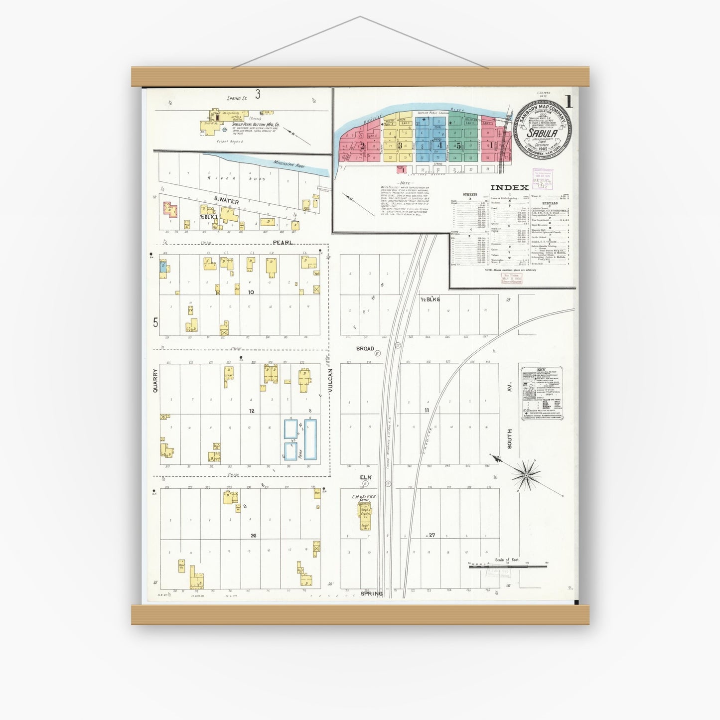 Old map wall art mockup — magnetic wood frame on white wall — Sanborn Fire Insurance Map from Sabula, Jackson County, Iowa (1905), Sheet #0001