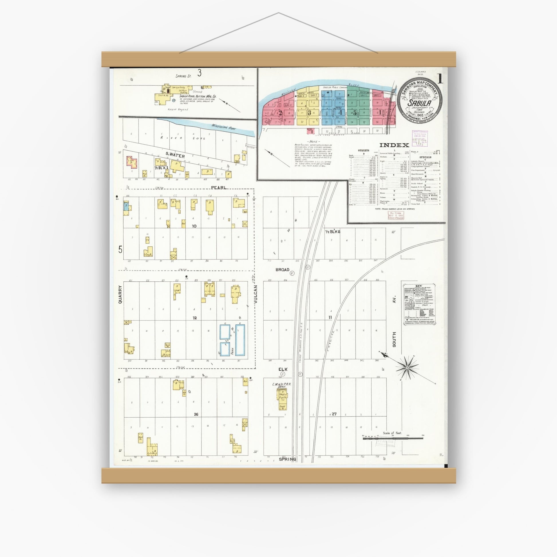 Old map wall art mockup — magnetic wood frame on white wall — Sanborn Fire Insurance Map from Sabula, Jackson County, Iowa (1905), Sheet #0001