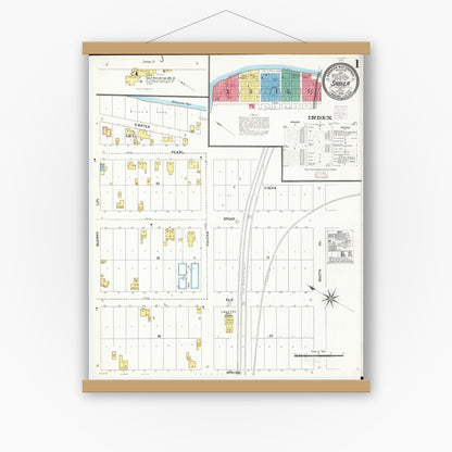 Old map wall art mockup — magnetic wood frame on white wall — Sanborn Fire Insurance Map from Sabula, Jackson County, Iowa (1905), Sheet #0001